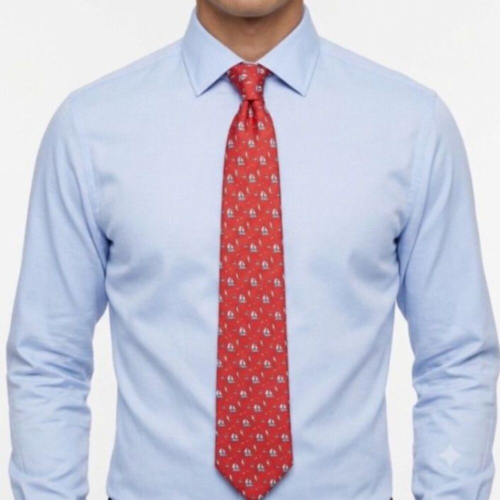 Jos. A. Bank Men's Bright Red Blue Nautical Sailboat Print 100% Silk Tie